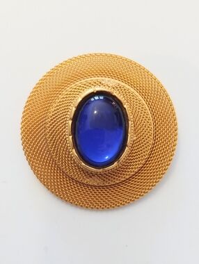 Vintage 80s Unsigned CRAFT Large Bold Shield Brooch Pin w/ Blue Lucite Cabachon